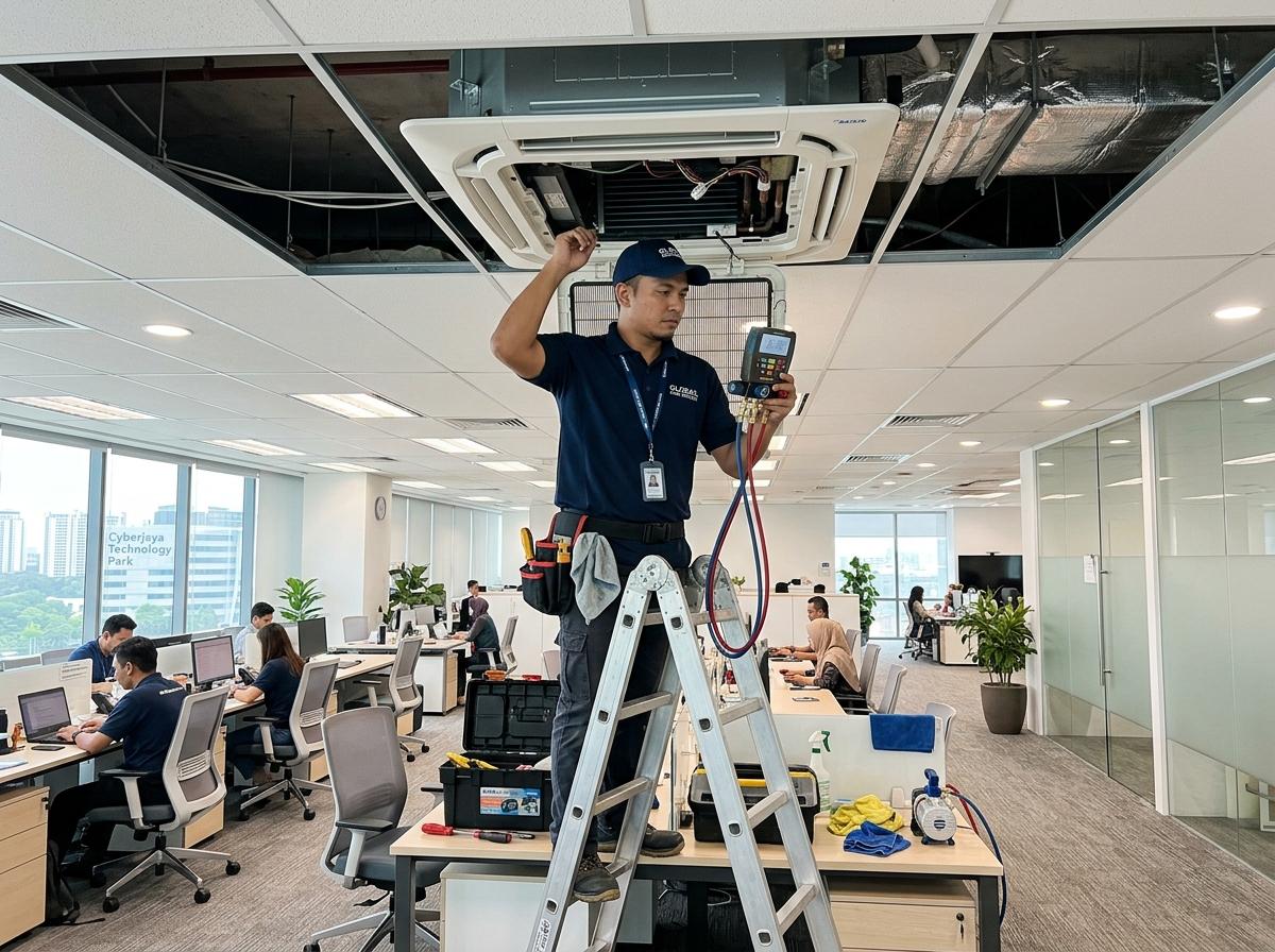 AJ Cooler technician servicing a 4-way ceiling cassette in a Puchong corporate tech office