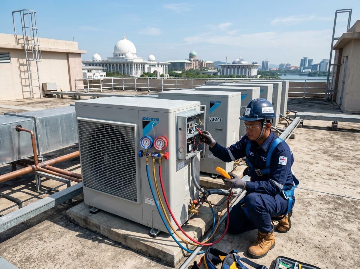 AJ Cooler certified technician checking commercial rooftop aircon condenser fleet in Puchong